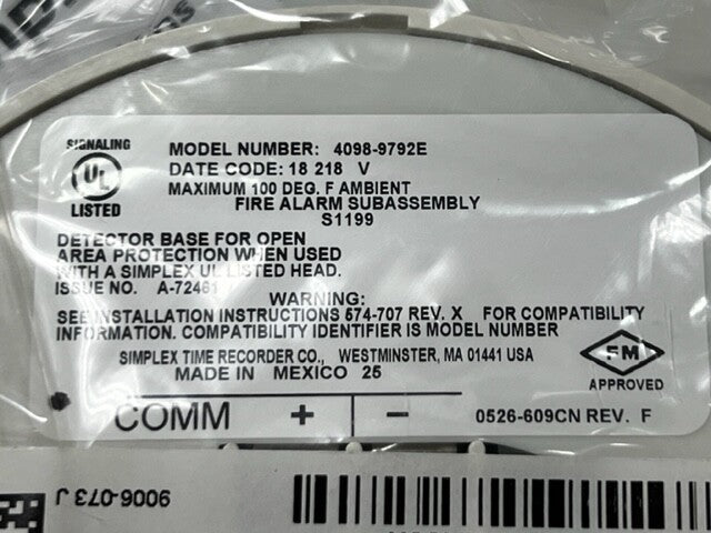 Simplex 4098-9792E Smoke Detector Base For Open Area Protection- White Brand New