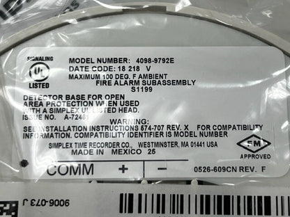 Simplex 4098-9792E Smoke Detector Base For Open Area Protection- White Brand New