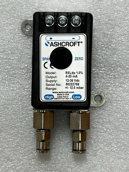 Ashcroft RXLdp 1.0% 4-20mA 12-36Vdc +/- 12.5mbar Pressure Transmitter Used