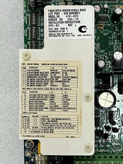 Simplex 4100-6072 Fiber Optic Modem Single Mode Left Port Sub Assembly Board