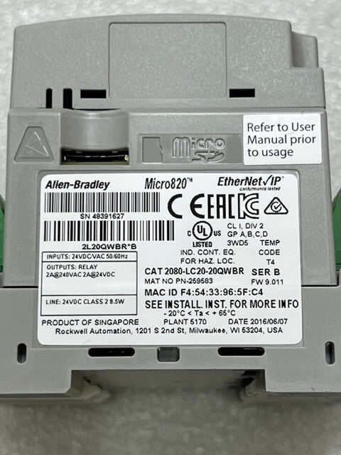 2080-LC20-20QWBR Ser B Micro820 EtherNet IP PLC Controller New
