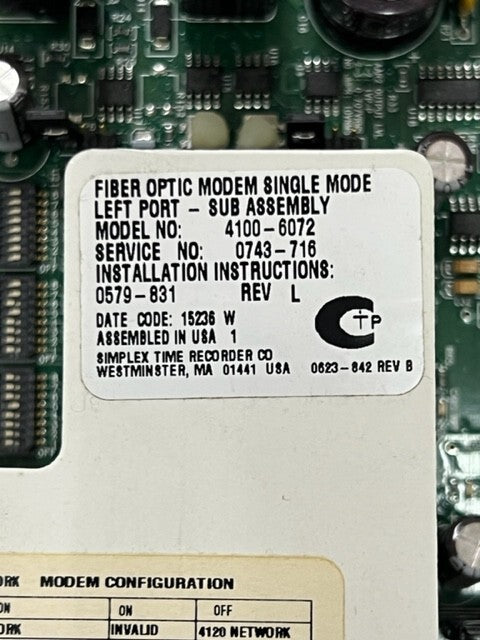 Simplex 4100-6072 Fiber Optic Modem Single Mode Left Port Sub Assembly Board