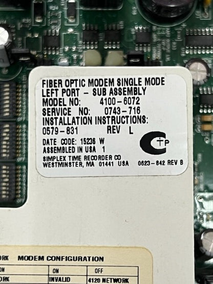 Simplex 4100-6072 Fiber Optic Modem Single Mode Left Port Sub Assembly Board