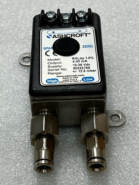 Ashcroft RXLdp 1.0% 4-20mA 12-36Vdc +/- 12.5mbar Pressure Transmitter Used