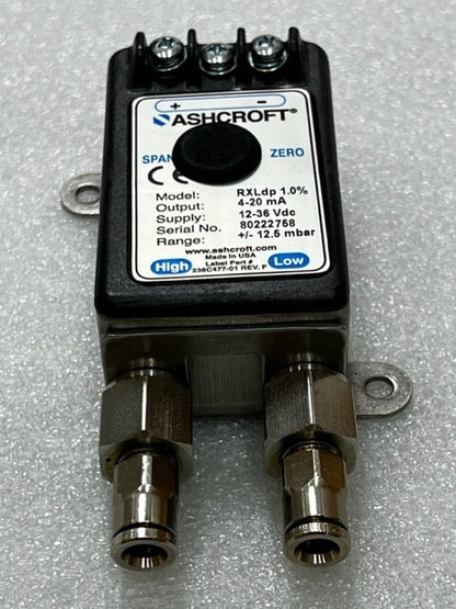 Ashcroft RXLdp 1.0% 4-20mA 12-36Vdc +/- 12.5mbar Pressure Transmitter Used