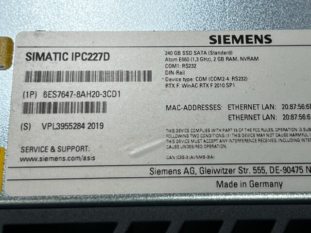 Siemens Simatic IPC227D 6ES7647-8AH20-3CD1 240GB SSD SATA  Box PC Used
