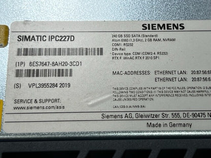 Siemens Simatic IPC227D 6ES7647-8AH20-3CD1 240GB SSD SATA  Box PC Used