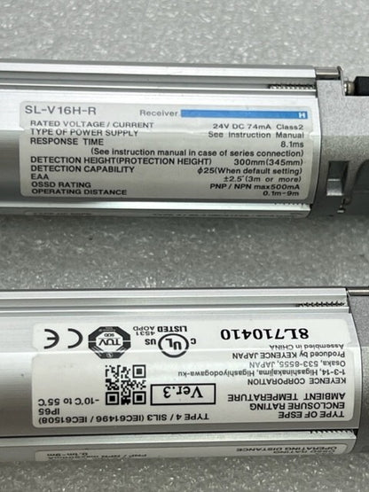 Keyence SL-V16H-T Transmitter SL-V16H-R Receiver 300mm Safety Light Curtain Used