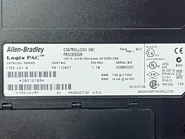 1756-L61 Series B ControlLogix LOGIX 5561 Processor Controller Unit Used