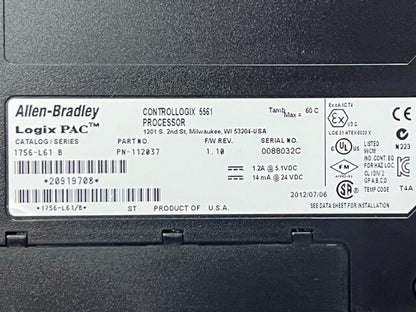 1756-L61 Series B ControlLogix LOGIX 5561 Processor Controller Unit Used