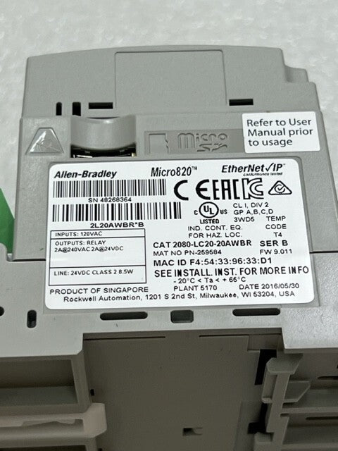 2080-LC20-20AWBR Ser B Micro820 EtherNet IP PLC Controller New