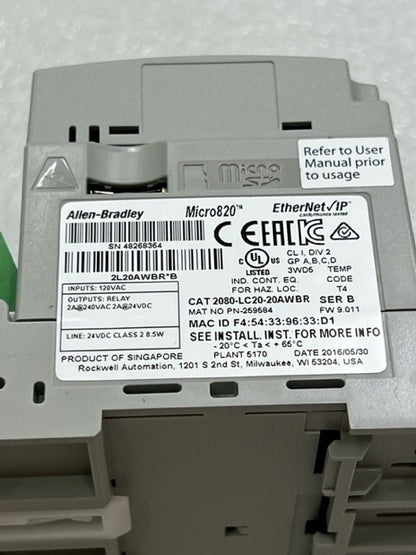 2080-LC20-20AWBR Ser B Micro820 EtherNet IP PLC Controller New