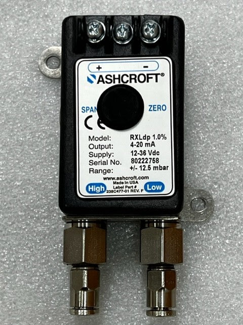 Ashcroft RXLdp 1.0% 4-20mA 12-36Vdc +/- 12.5mbar Pressure Transmitter Used