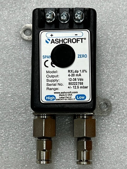 Ashcroft RXLdp 1.0% 4-20mA 12-36Vdc +/- 12.5mbar Pressure Transmitter Used