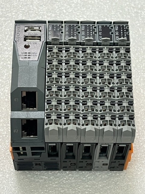 B&R X20CP0483 Rev D0 PLC with X20 PS9062 DI9372 DO9321 PS2100 DO9321 I/O Modules