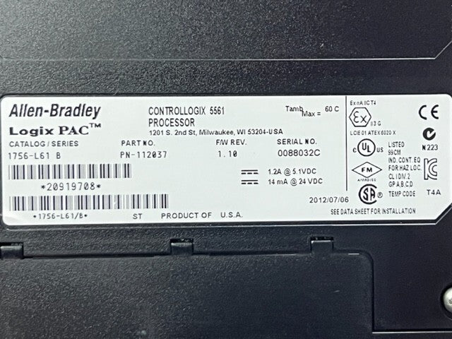 1756-L61 Series B ControlLogix LOGIX 5561 Processor Controller Unit Used