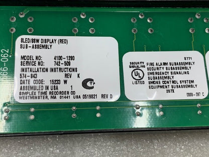 Simplex 4100-1280 8LED88W Display Sub-Assembly & 4100 LED Switch Controller Used