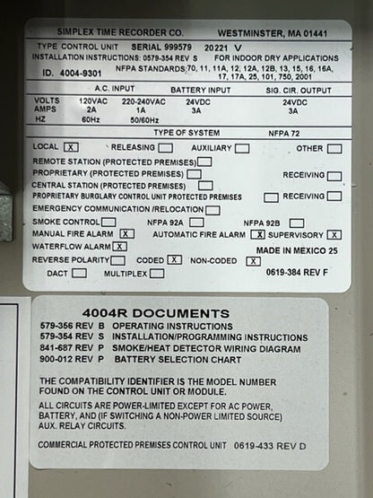 Simplex 4004 R Suppression Release Panel New